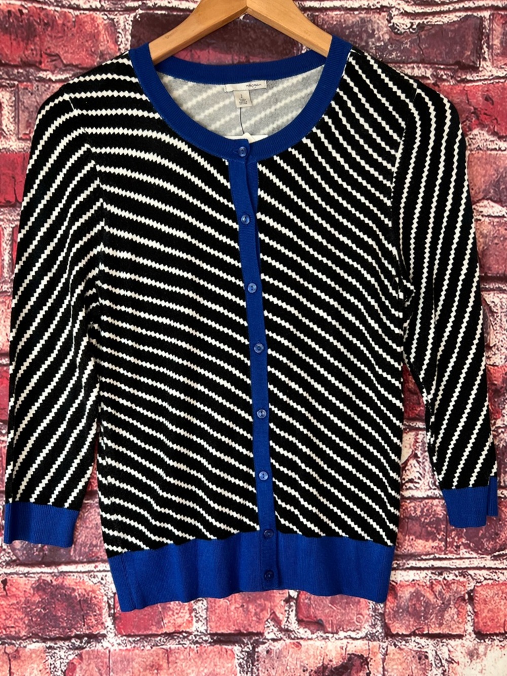 Halogen Black & White Diagonal Stripe Cardigan with Blue Trim